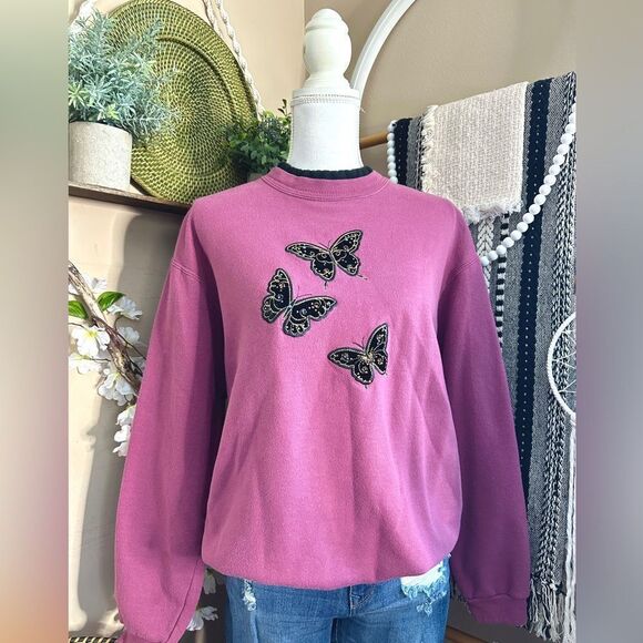 Vintage 90s Top Stitch Cottagecore Butterfly Double Upcycled Crewneck Sweatshirt - Picture 1 of 9